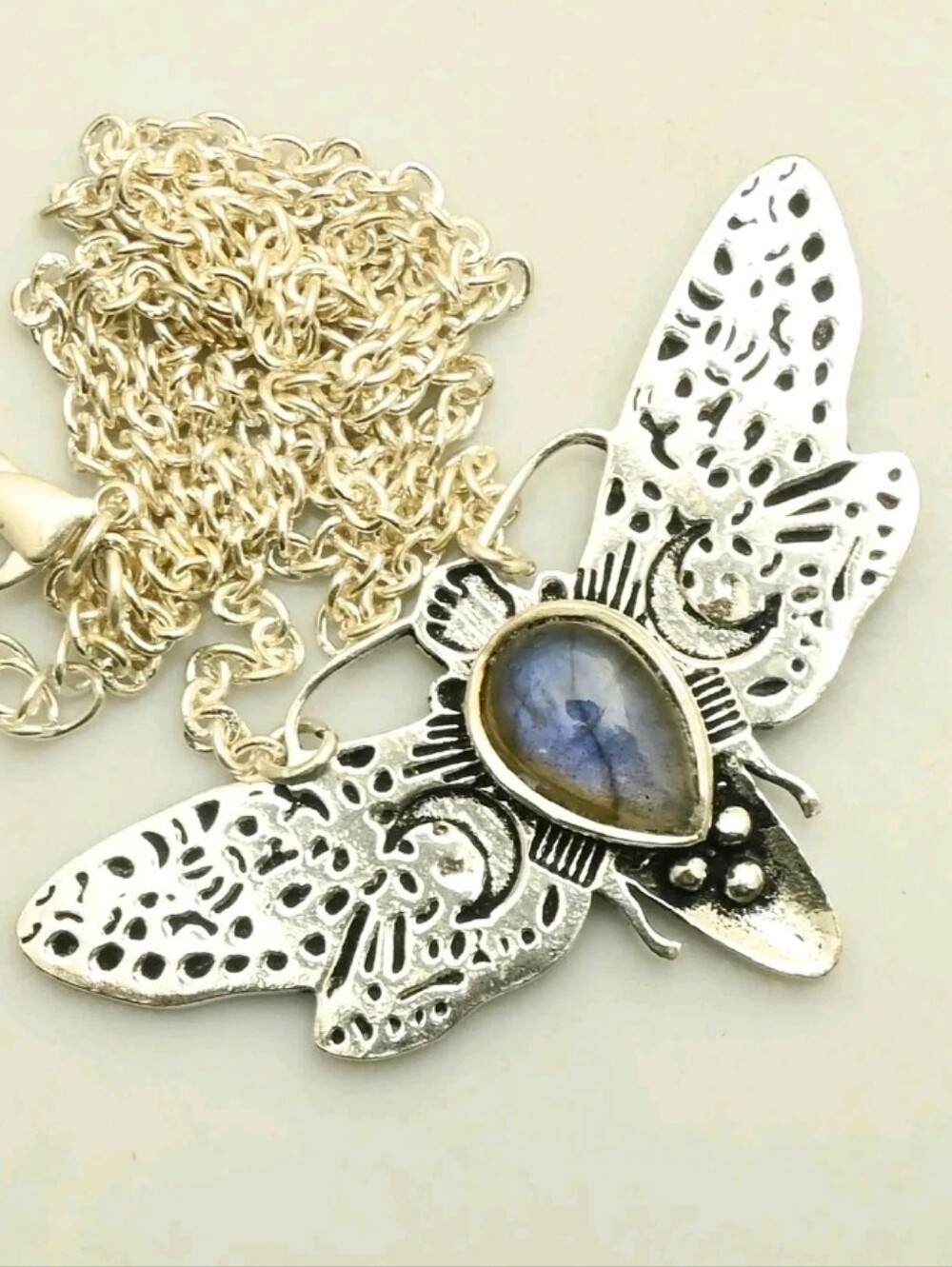 New Labradorite Luna Moth 925 Silver Necklace.